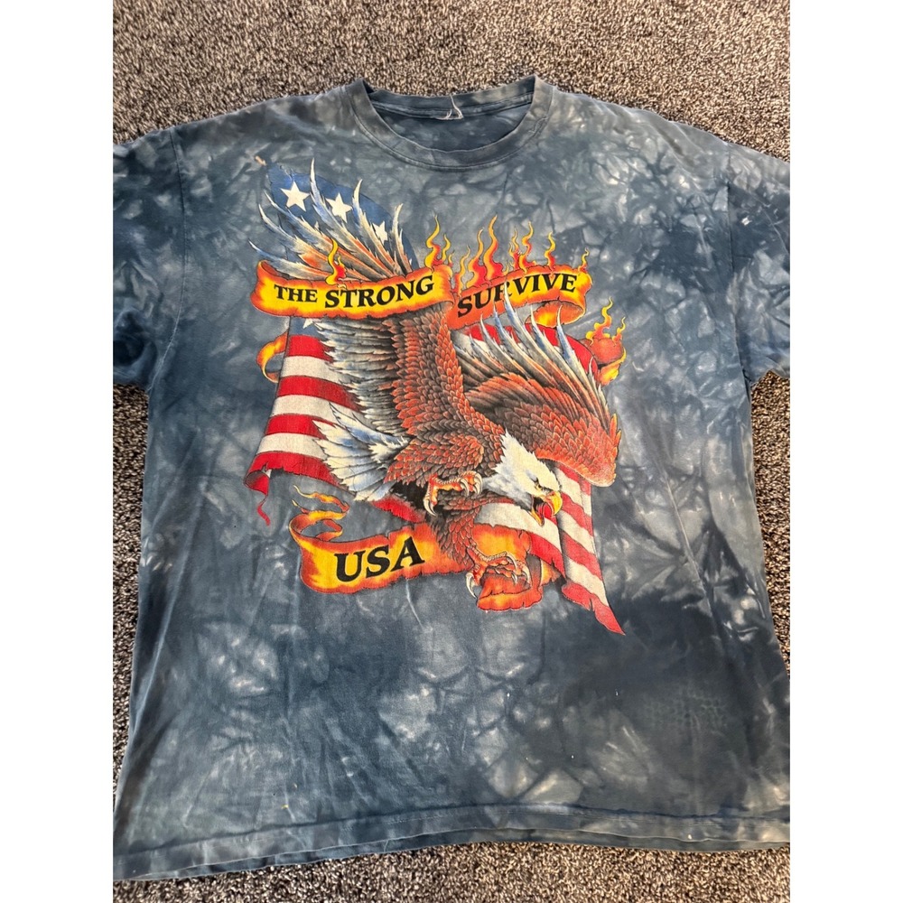 Vintage The Mountain Tie Dye Eagle Flag T-Shirt Blue Y2K The Strong Survive USA